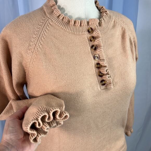 Soft tan ruffle neckline and cuffs tight knit pullover sweater neutral L - Picture 4 of 10